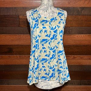 Blue Fray Stretchy Scoop Neck Blue and Cream Paisley Print Tank Top Blouse